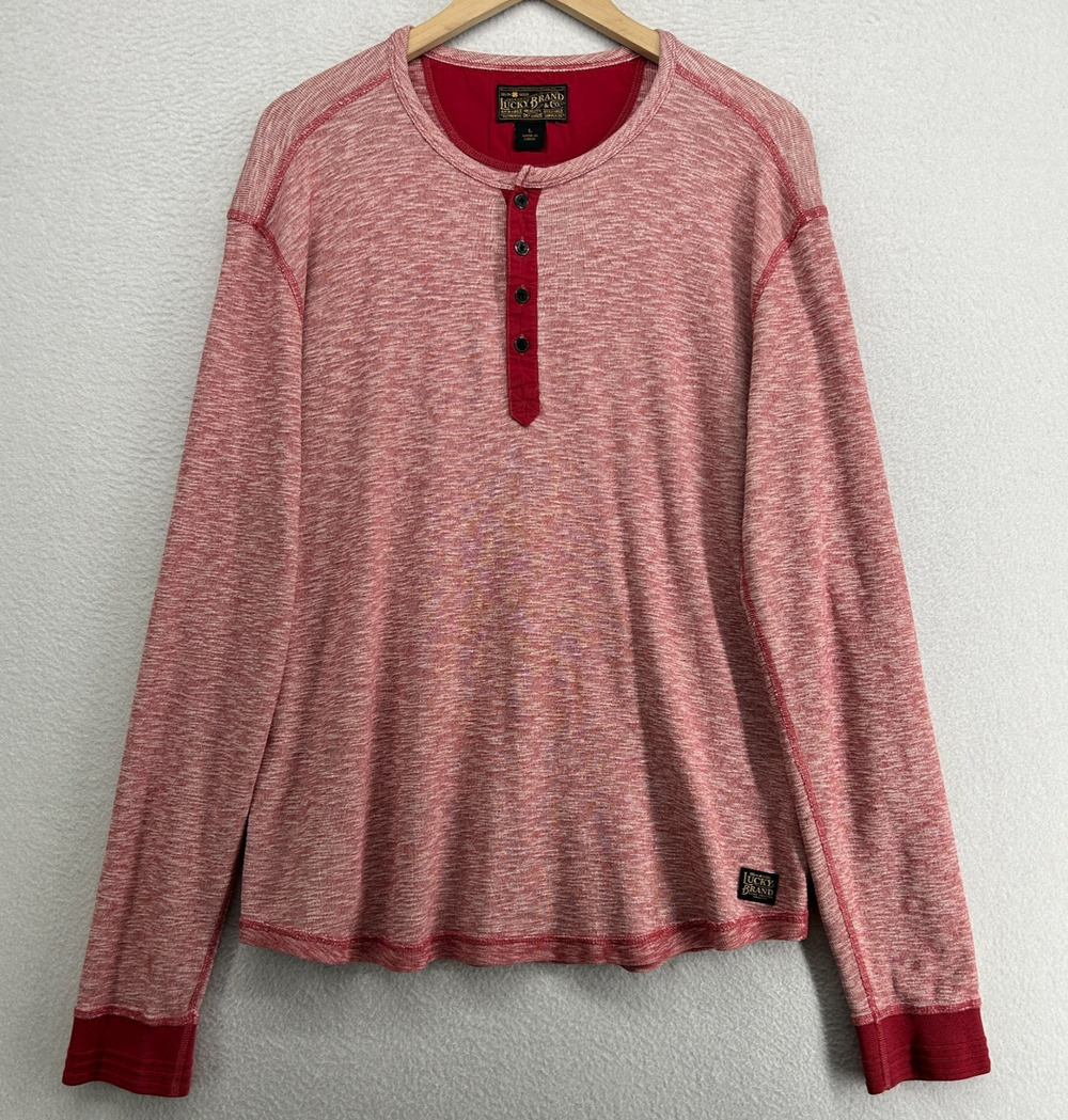 LUCKY BRAND Shirt Mens L Henley Twisted Slub Long Sleeve Cotton Jersey Red